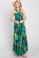 Green Palm Print Halter Neck Maxi Dress