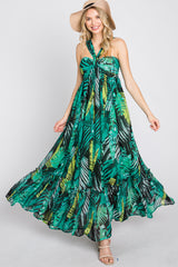 Green Palm Print Halter Neck Maxi Dress