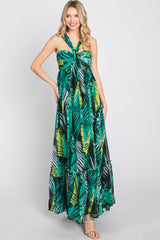 Green Palm Print Halter Neck Maxi Dress