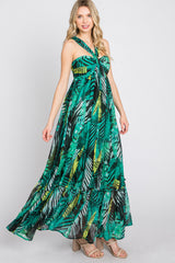 Green Palm Print Halter Neck Maxi Dress