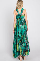 Green Palm Print Halter Neck Maxi Dress