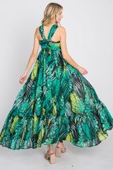 Green Palm Print Halter Neck Maxi Dress