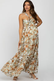 Olive Floral Burnout Halter Neck Maternity Gown