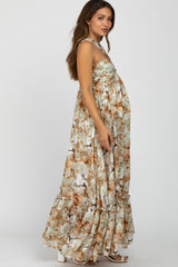 Olive Floral Burnout Halter Neck Maternity Gown