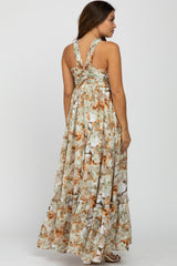 Olive Floral Burnout Halter Neck Maternity Gown