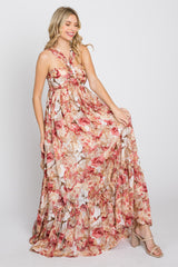 Pink Floral Burnout Halter Neck Gown