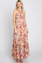 Pink Floral Burnout Halter Neck Gown