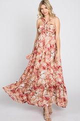 Pink Floral Burnout Halter Neck Gown