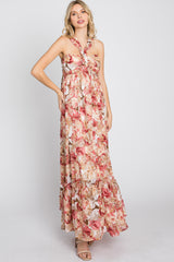 Pink Floral Burnout Halter Neck Gown