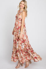 Pink Floral Burnout Halter Neck Gown