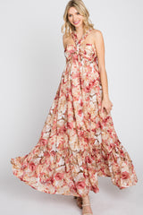 Pink Floral Burnout Halter Neck Gown