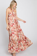 Pink Floral Burnout Halter Neck Gown