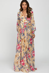 Beige Floral Chiffon Maternity Maxi Dress