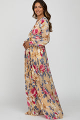 Beige Floral Chiffon Maternity Maxi Dress