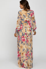 Beige Floral Chiffon Maternity Maxi Dress