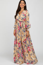 Beige Floral Chiffon Maxi Dress