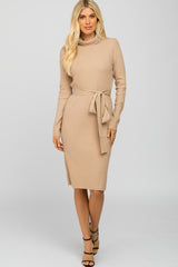 Taupe Ribbed Turtleneck Sweater Dress