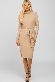 Taupe Ribbed Turtleneck Sweater Dress