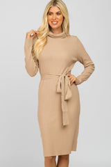 Taupe Ribbed Turtleneck Sweater Dress