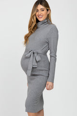 Heather Grey Ribbed Turtleneck Maternity Sweater Dress