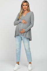 Grey Knit Split Neckline Long Sleeve Maternity Top