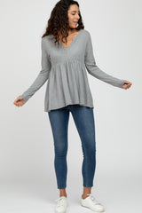 Grey Knit Split Neckline Long Sleeve Maternity Top