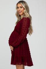 Burgundy Swiss Dot Smocked Maternity Baby Doll Dress