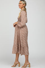 Rust Floral Smocked Tie Sleeve Ruffle Hem Maternity Dress