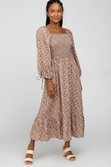 Rust Floral Smocked Tie Sleeve Ruffle Hem Maternity Dress