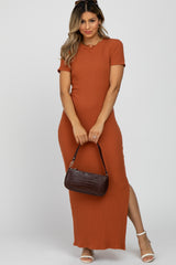 Rust Ribbed Side Slit Maternity Maxi Dress