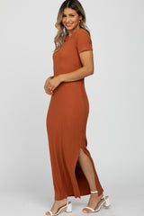 Rust Ribbed Side Slit Maxi Dress