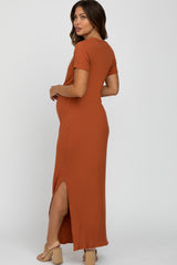 Rust Ribbed Side Slit Maternity Maxi Dress