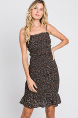 Black Ditsy Floral Smocked Fitted Dress