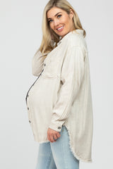 Beige Linen Fringe Button Down Maternity Top