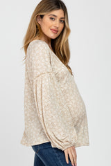 Taupe Floral Print Balloon Sleeve Maternity Top