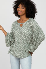 Olive Floral Print Balloon Sleeve Top