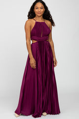 Burgundy Pleated Satin Cutout Maternity Gown