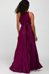 Burgundy Pleated Satin Cutout Gown