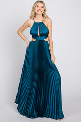 Dark Teal Pleated Satin Cutout Gown