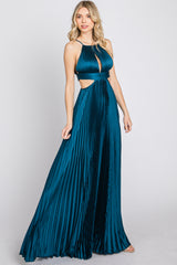 Dark Teal Pleated Satin Cutout Gown