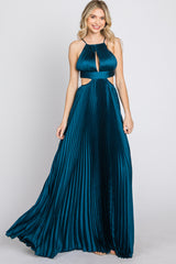 Dark Teal Pleated Satin Cutout Gown