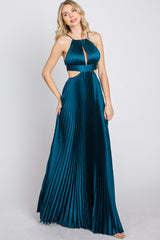 Dark Teal Pleated Satin Cutout Gown