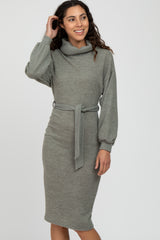 Light Olive Brushed Knit Turtleneck Maternity Dress