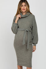 Light Olive Brushed Knit Turtleneck Maternity Dress