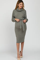 Light Olive Brushed Knit Turtleneck Maternity Dress