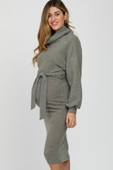 Light Olive Brushed Knit Turtleneck Maternity Dress