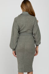 Light Olive Brushed Knit Turtleneck Maternity Dress