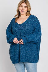 Teal Oversized Open Knit Plus Sweater