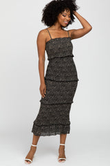 Black Animal Print Smocked Fitted Maternity Midi Dress