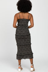 Black Animal Print Smocked Fitted Midi Dress